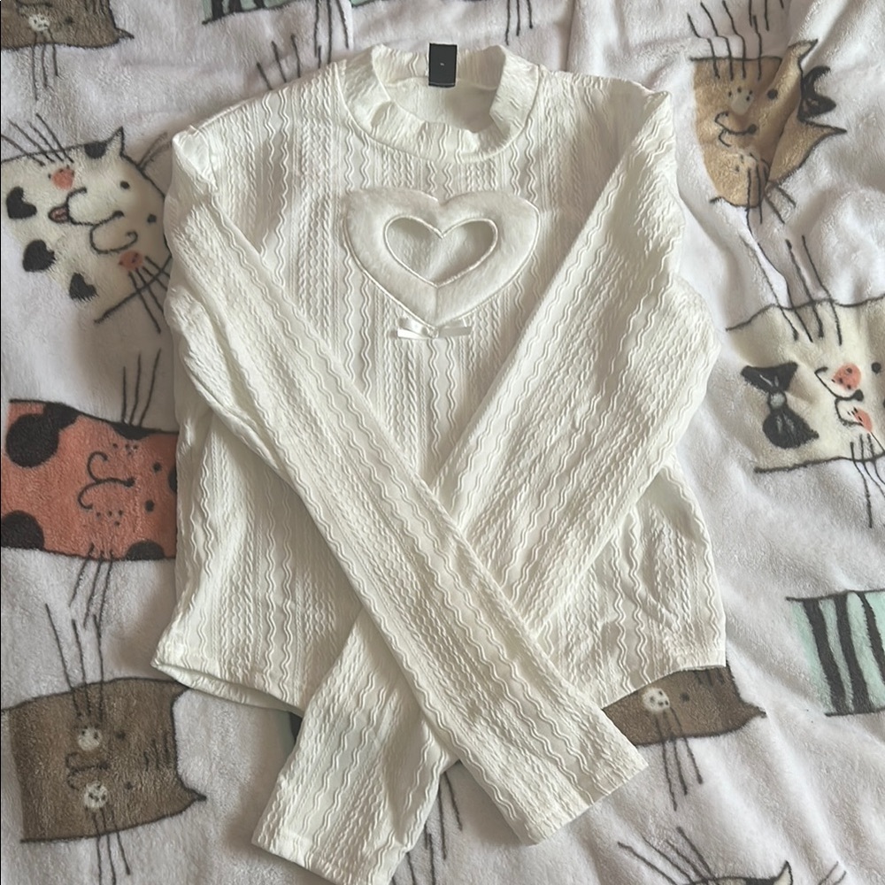 White Long Sleeve Top with Heart Design